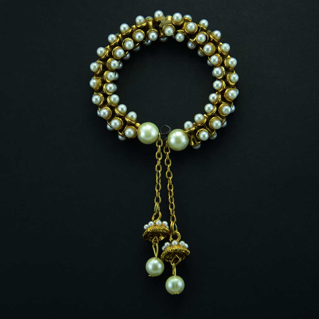 Gold Plated Beaded Bracelet With Tasseled Chain
